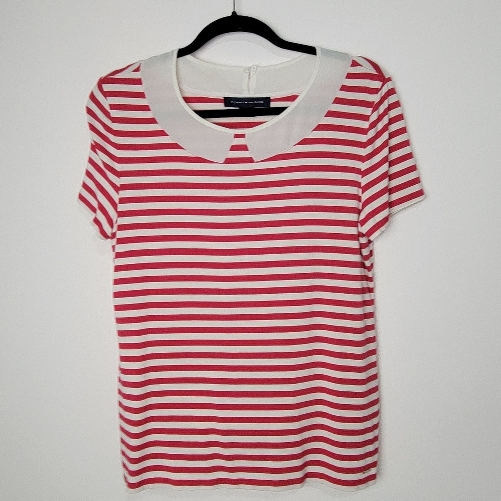 TOMMY HILFIGER WOMEN'S NAUTICAL RED AND WHITE STRIPED TOP WITH MESH YOLK SIZE L
